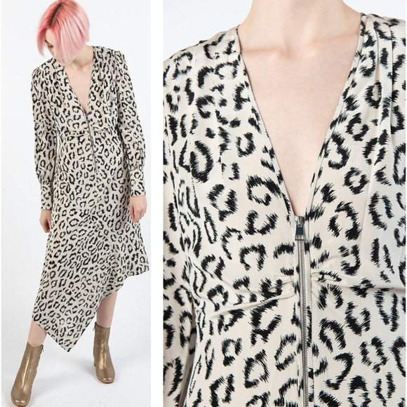 ALC Long Sleeve Eden Dress 4 Animal Print SILK  Midi V Neck Black Cream Leopard - Picture 1 of 6